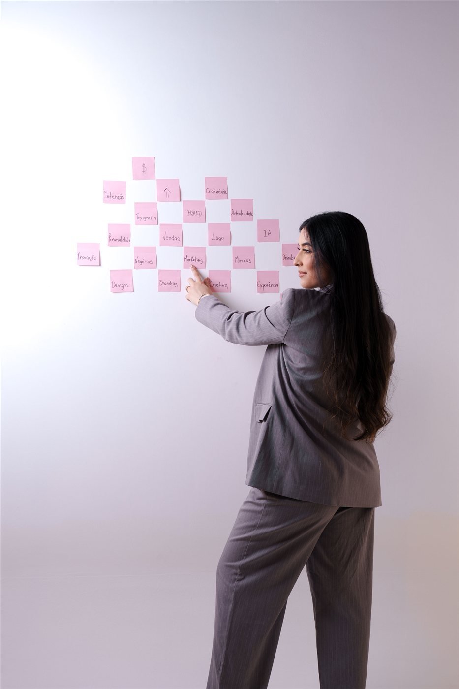 Izabela Evangelista analisando palavras-chave de branding em um moodboard