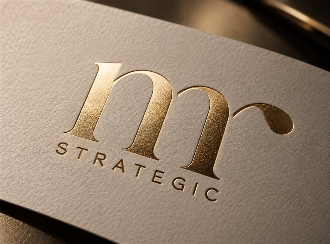 Cartão com logotipo dourado MR Strategic, aplicação de identidade visual